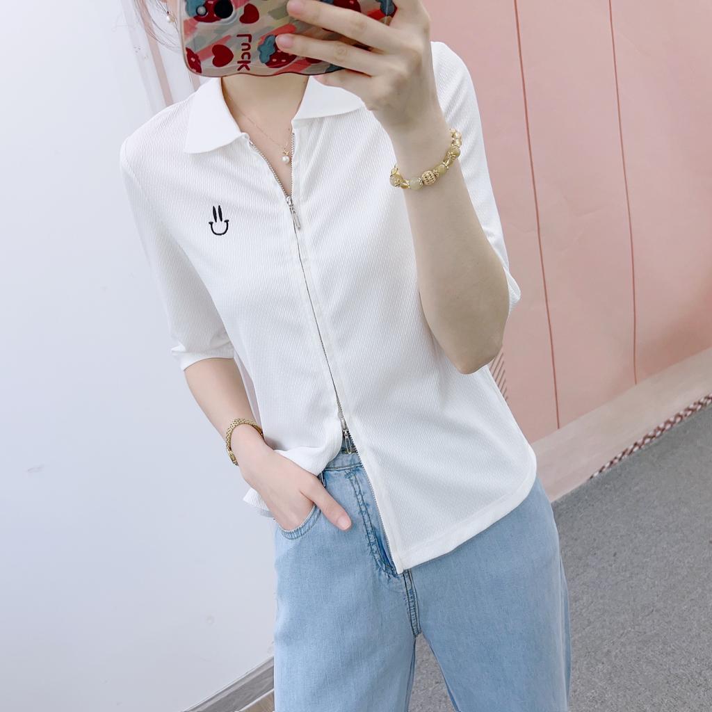 Spring and Summer Hanpai Brand Counter Women's Fashion Korean Version Lapel All Zippered Knitted Small Shirt