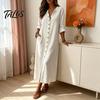 Soft Fabric Dress Women's Summer Button Down Long Dress, Casual Loose V Versatile Women Neck Tunic Roll Up Sleeve Vacation Lounge Outfits Lightweight