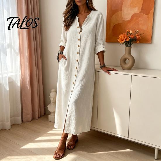 Soft Fabric Dress Women's Summer Button Down Long Dress, Casual Loose V Versatile Women Neck Tunic Roll Up Sleeve Vacation Lounge Outfits Lightweight