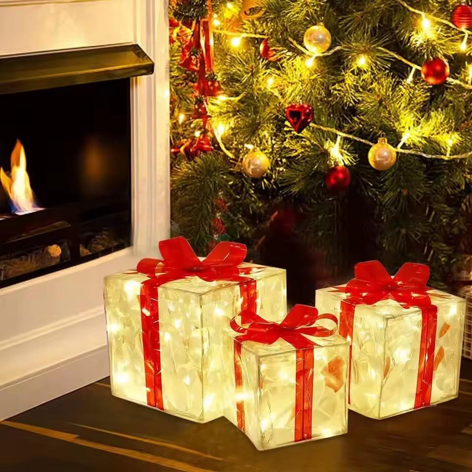Christmas Glowing Gifts Box Decoration Ornament With Bow Lighting Box Outdoor Light Lighting Xmas New Year Home Yard Decor