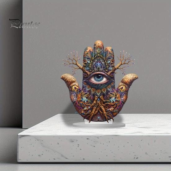 Ornement Art Acrylique Imperméable Main de Fatima, Ornement Hamsa Plat 2D avec Base Décorative Esthétique Ambiance Café, Pièce Maîtresse Exotique Mystérieuse