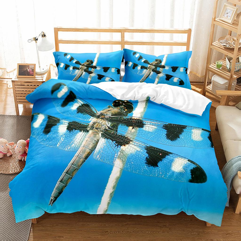Dragonfly Duvet Cover Set Art Painting Animals Pattern King Queen Size Polyester Comforter Cover for Kids Boys Girls Bedding Set