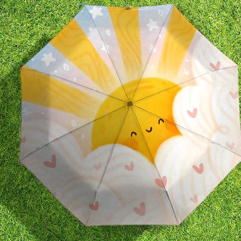 1pc Sunshine Clouds Automatic Folding Umbrella 8 Rib Iron Frame,  Suitable for Travel, Daily Use, Birthday, Women & Men Gift