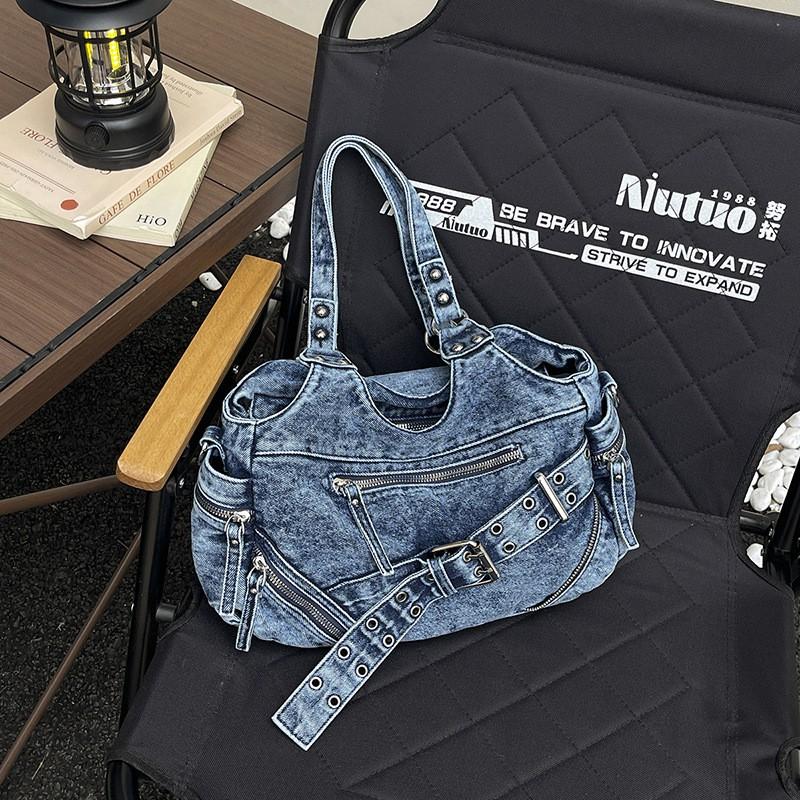Vintage Washed Denim Crossbody Bag Women Streetwear Chic Shoulder With Rivets Large Capacity Adjustable Strap