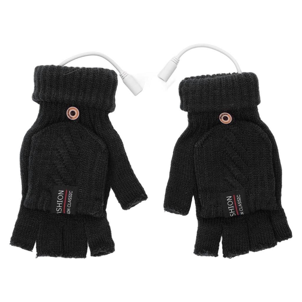 1 Pair USB Heated Gloves Electric Heating Thermal Knitting Gloves Half Finger Winter Hand Warmer for Working Black