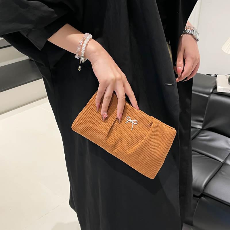 Yogodlns Fashionable Ins Embroidered Butterfly Knot Women's Clutch City Simple Style Corduroy Small Solid Color Purse