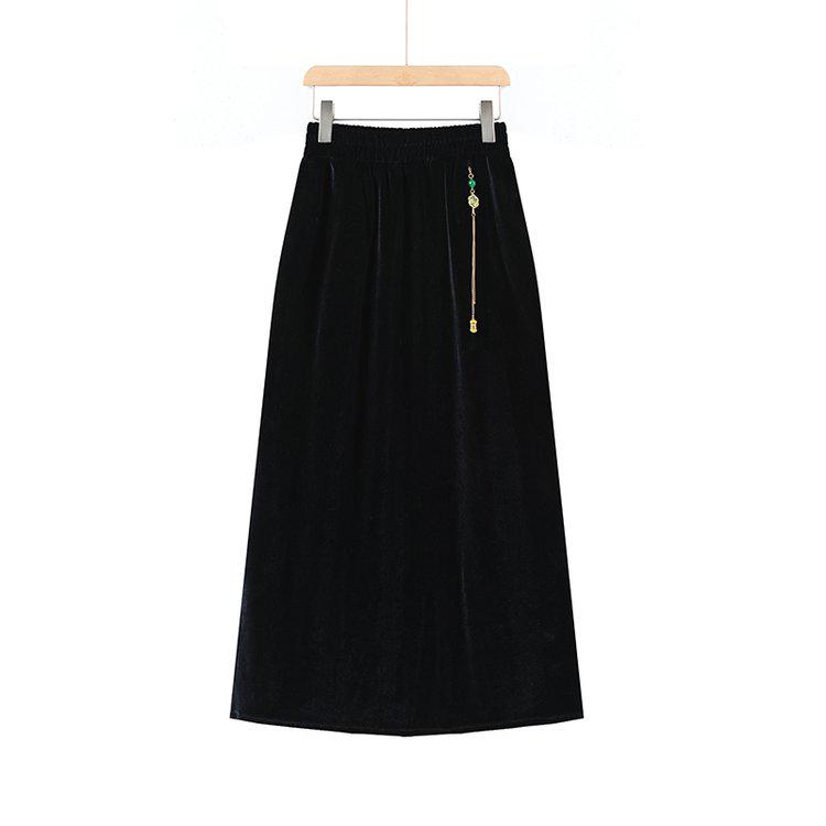 

2026 Modern Chinese Style Velvet Pencil Skirt, Women s Mid-Length High Waist Slit Design. XL чёрный