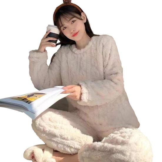 2 Pcs/Set Unisex Winter Pajamas Set Round Neck Solid Color Thickened Coral