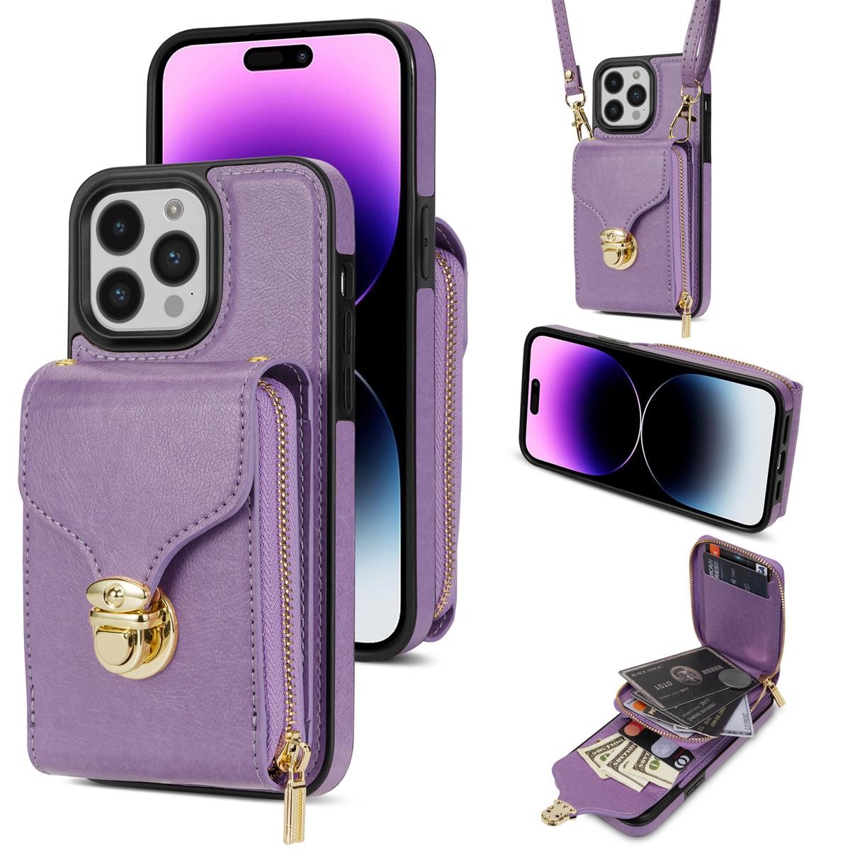 

For iPhone 16 Pro Max Wallet Case Card Slots PU+TPU Phone Cover with Strap Purple