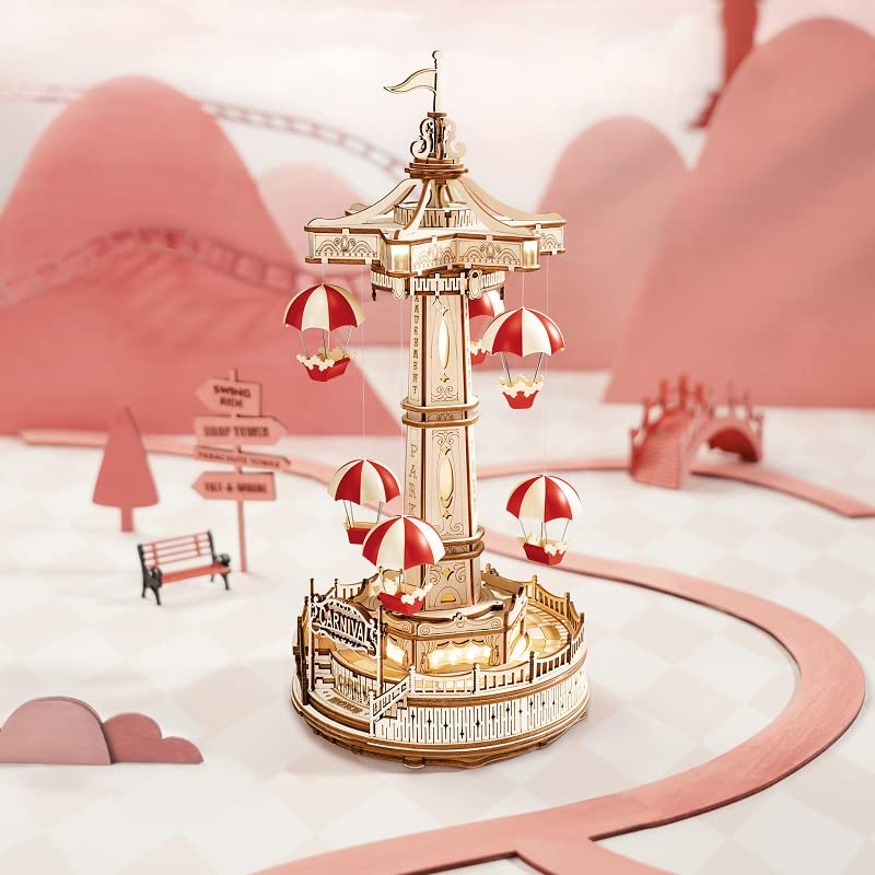 3D Wood Puzzle Amusement Park Series (Parachute Tower) Parasol Attraction Miniature Glowing Rotating Amusement Park with Japanese Instruction Manual