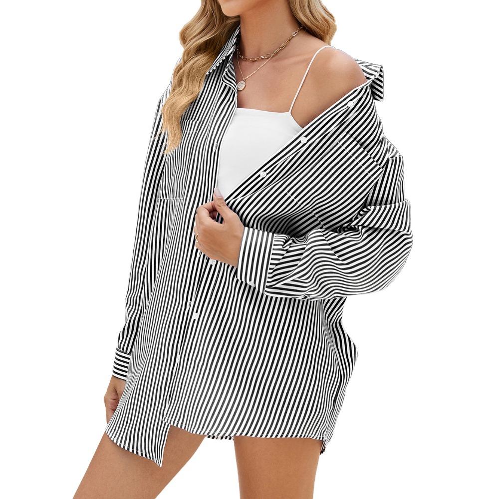 Spring and Autumn Women's Oversize BF Style Long Sleeve Loose Striped Shirt