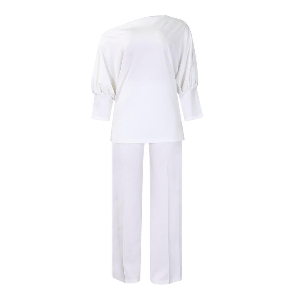Women's Autumn Fashion Solid Slant Neck Top with Wide Leg Pants Set