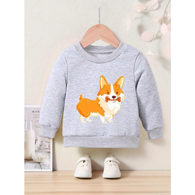 Kids Cartoon Corgi Print Crew Neck Sweatshirt - Regular Fit, Slight Stretch Fabric, Applique Detail, Ideal for Spring/Fall
