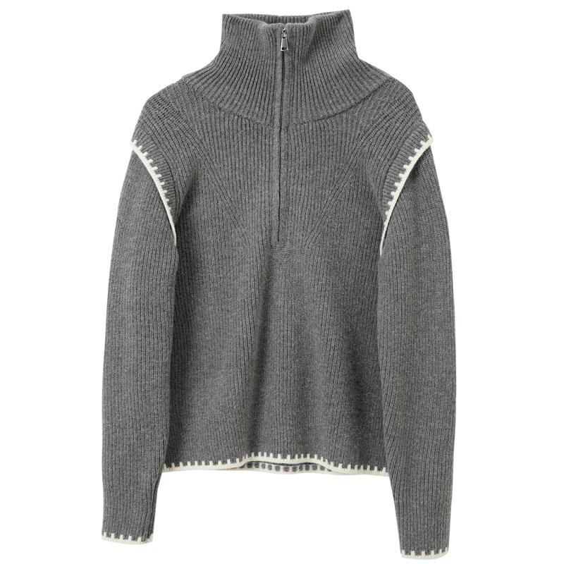 Sancai Winter Zipper Lapel Loose Knit Pullover