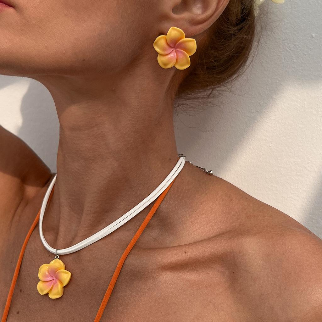 Dopamine Plumeria Pendant Necklace Set Sweet Three-Dimensional Flower Korean Velvet Collarbone Chain