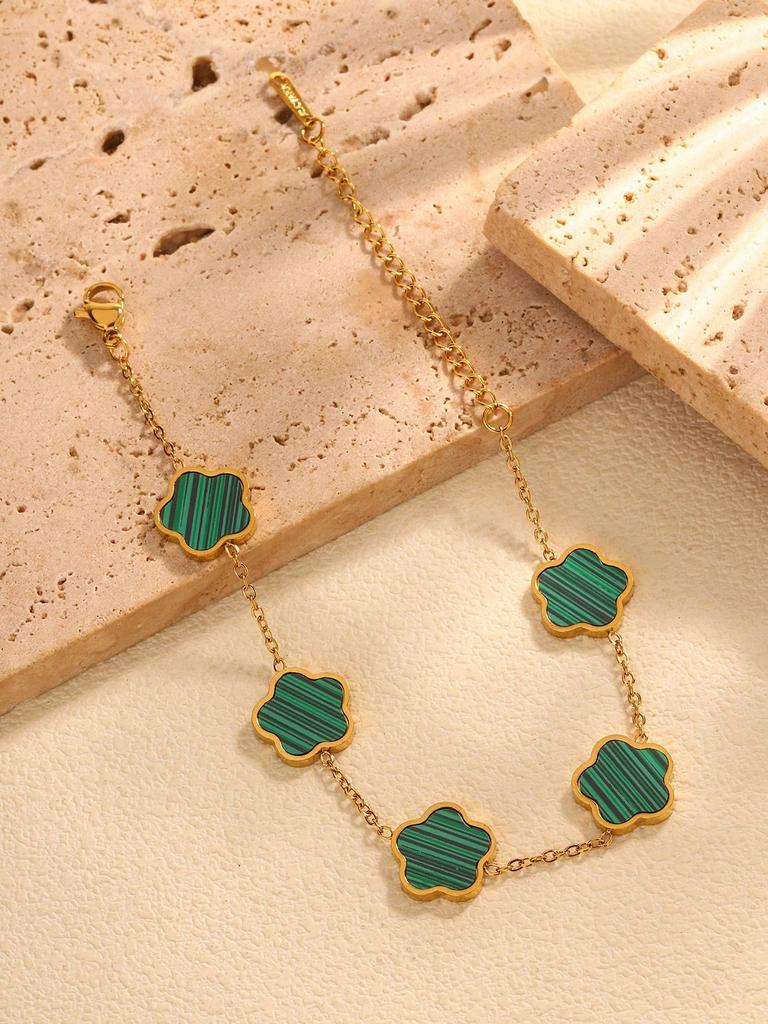 Korean Fashion Elegant Simple Simple Hundred Stainless Steel 18K Gold-Plated Five Leaf Flower Mother-Of-Zircon Bracelet Women'S