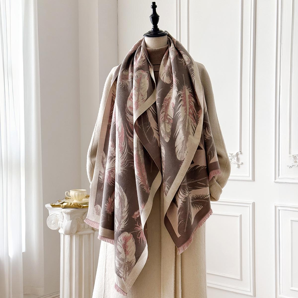 

Women S Luxury Cashmere Winter Shawl - Feather Design With Tassels Pashmina Wrap Bandana