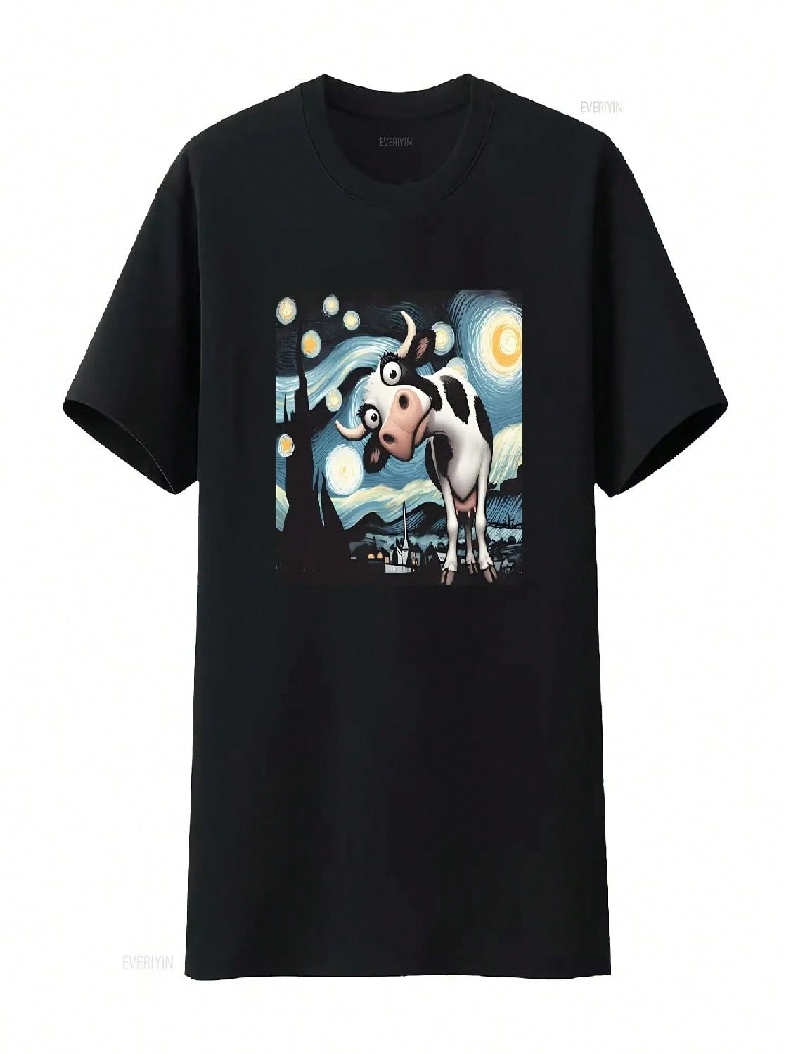 Funny Cow At Starry Night T Shirt Vintage Washed Homme Top For Everyday Wear Graphic Unisex Breathable Streetwear Soft S разноцветный
