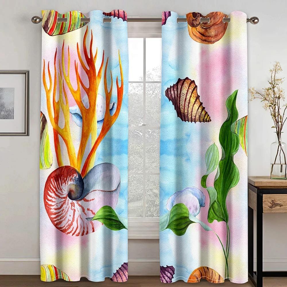 Marine Animal and Plant Theme High Blackout Curtains Shell Pattern Thick Clackout Drape Various Styles Bedroom Home Curtain Hot