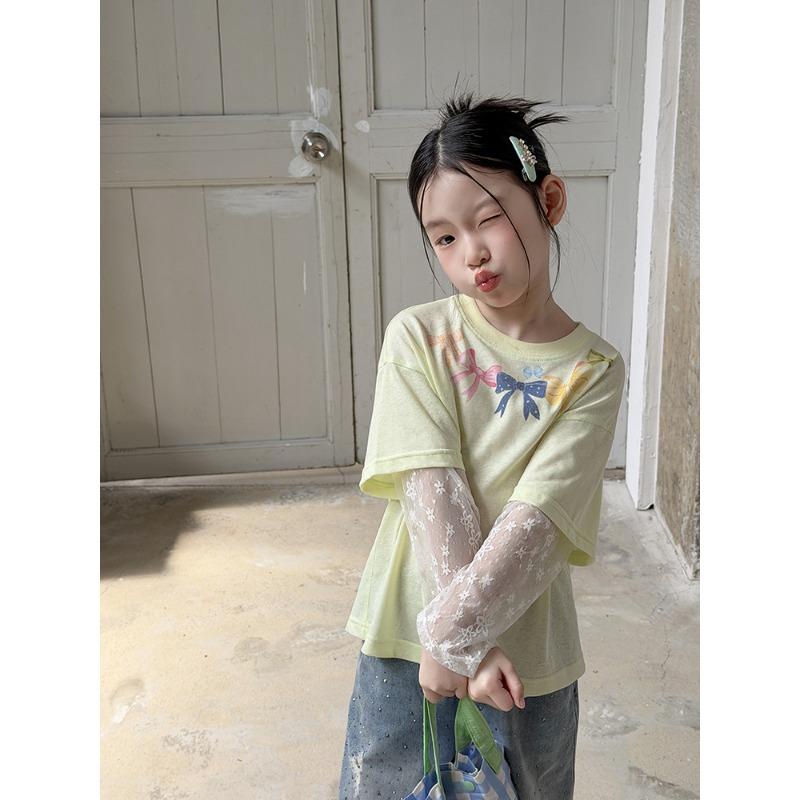 Girls Sweet Korean Style Fake Two Piece Lace Patchwork Short Sleeve T Shirt