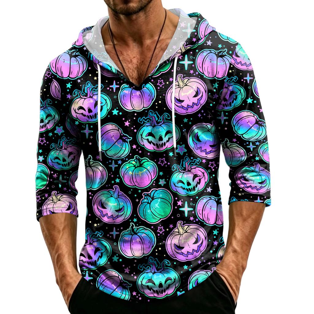 Men's Loose Fit Casual Hoodie Three Quarter Sleeve Pullover Halloween Pumpkin Pattern Lightweight Breathable Top for Everyday Wear