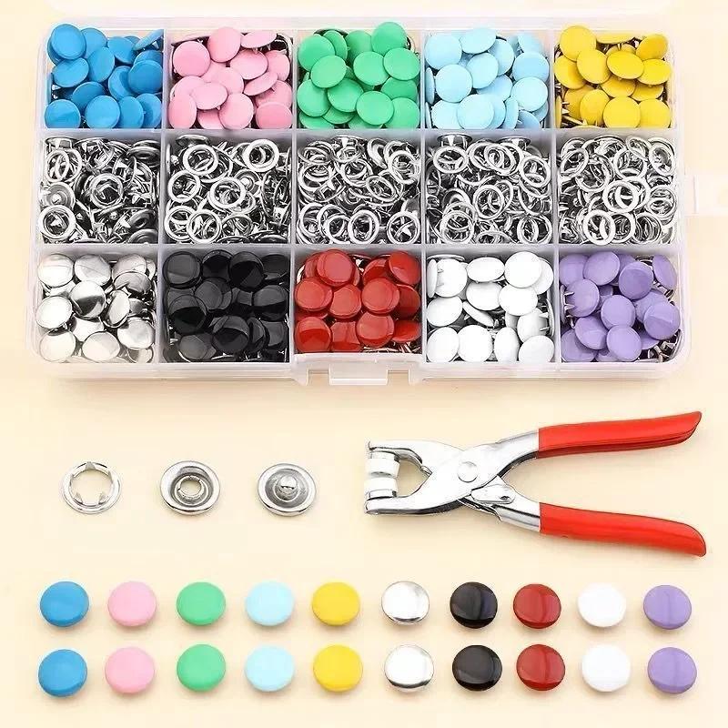 100pcs Metal Prong Snap Fasteners Buttons Solid Hollow Press Button Studs With Pliers Tool Kits For Clothes Bags Garment Sewing