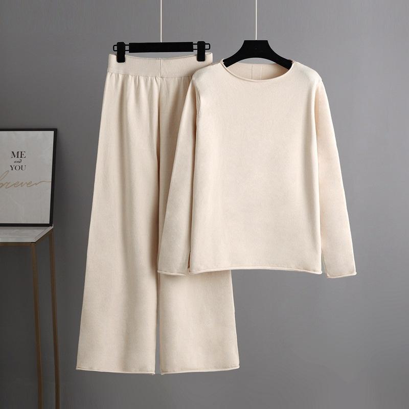 

Осенне-зимний вязаный широкий брючный костюм женский однотонный комплект из двух предметов OneSize абрикосовый