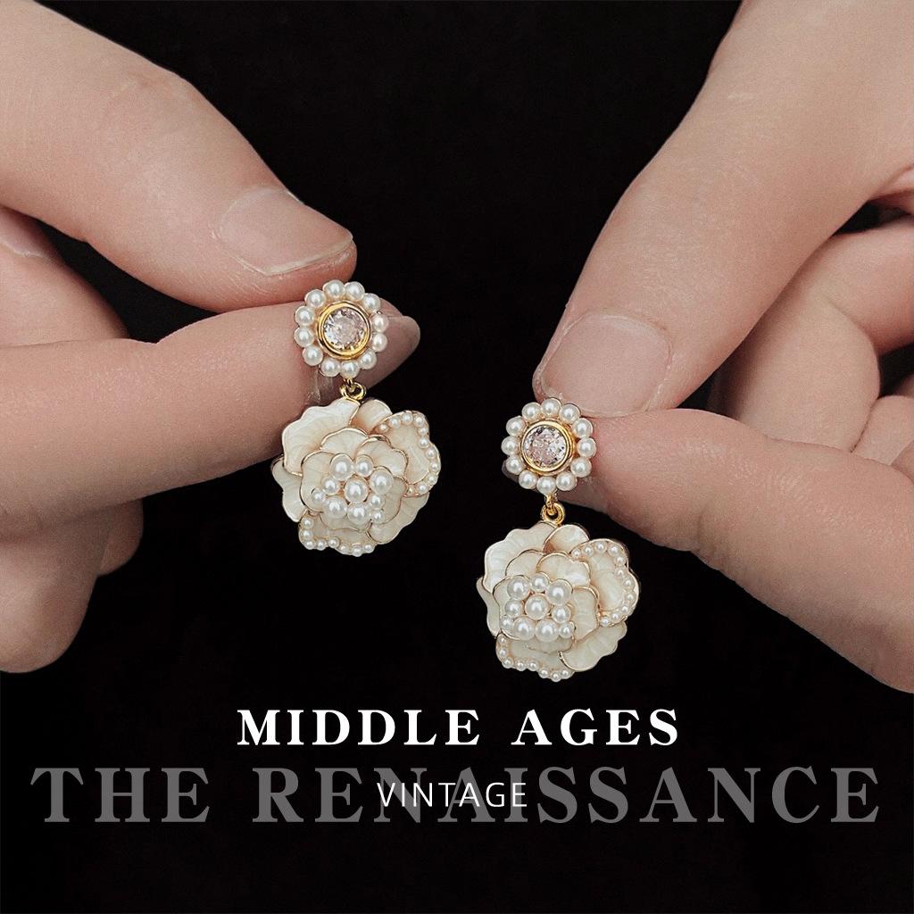 Средневековые ретро серьги-гвоздики с камелиями и жемчугом, женские, супер фея, французские