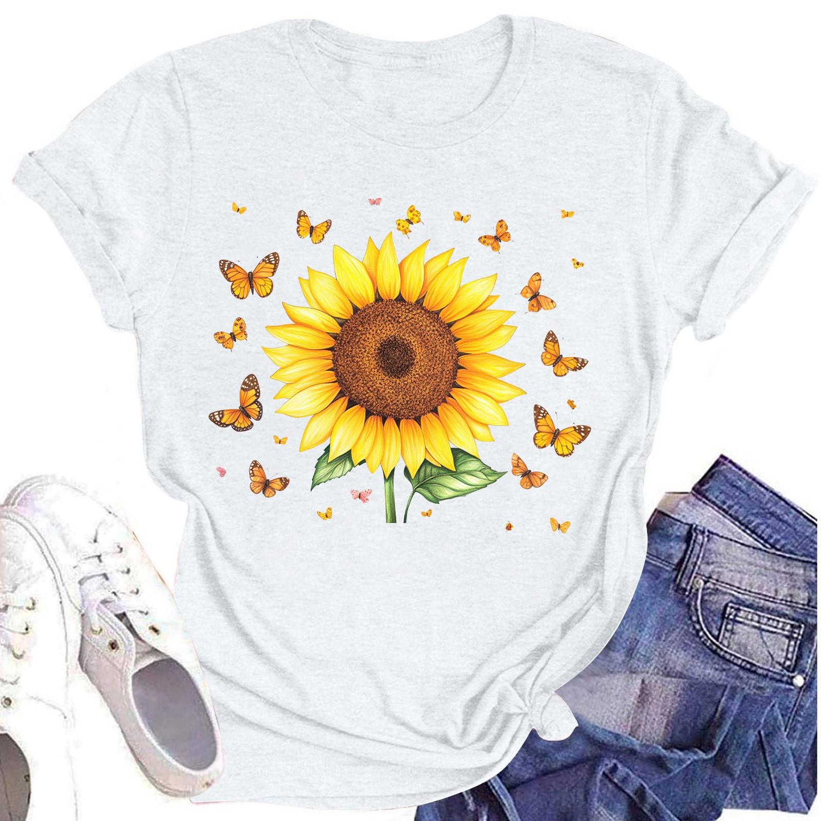 

Женская повседневная футболка с круглым вырезом и цветочным принтом, короткий рукав XL белый