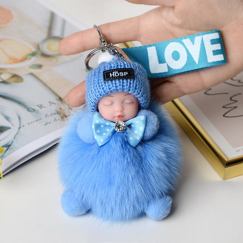 Pompom Sleeping Doll Keychain Cute Fluffy Plush Doll Keychains Women Girl Bags Keyrings Cars Key Ring Gift Charming Decoration