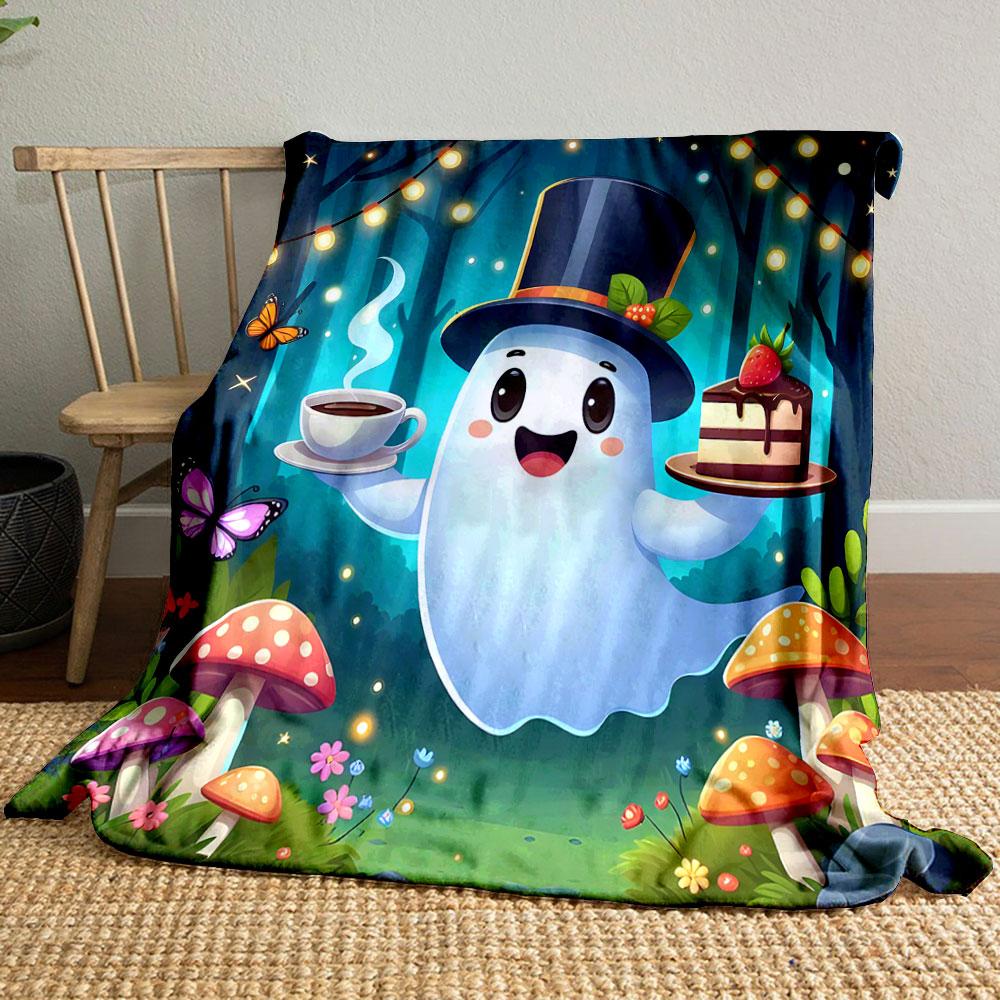 Cheerful Ghost with Cake and Coffee Patterned Blanket, Flannel, Suitable for All Seasons, Home Decor, Warm and Cozy