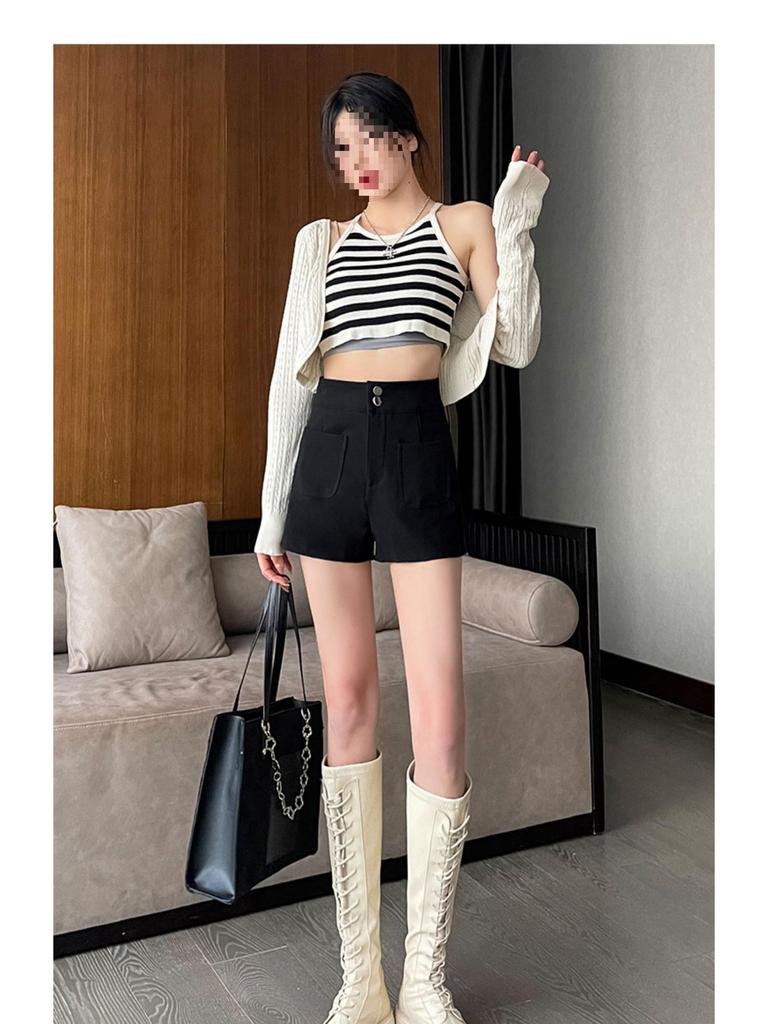 Plus Size High Waist Black Elastic Letter Wide-Leg Shorts - Korean Style Women's Summer Slimming Hot Pants.