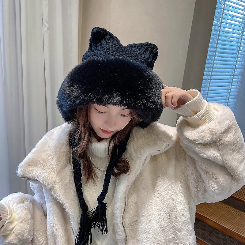 New Women Winter Warm Cute Beanie Hat Cat Ears Lady Kawaii Knitted Crochet Beanies Hat Cap With Braid For Women