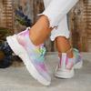 Atmungsaktive Sportschuhe für Damen in Übergröße, Flyknit Mesh, lässiger Einzelschuh, Blumendruck, farbige Vorderseite, Schnürung, flache Sohle, Sneaker, 35–43