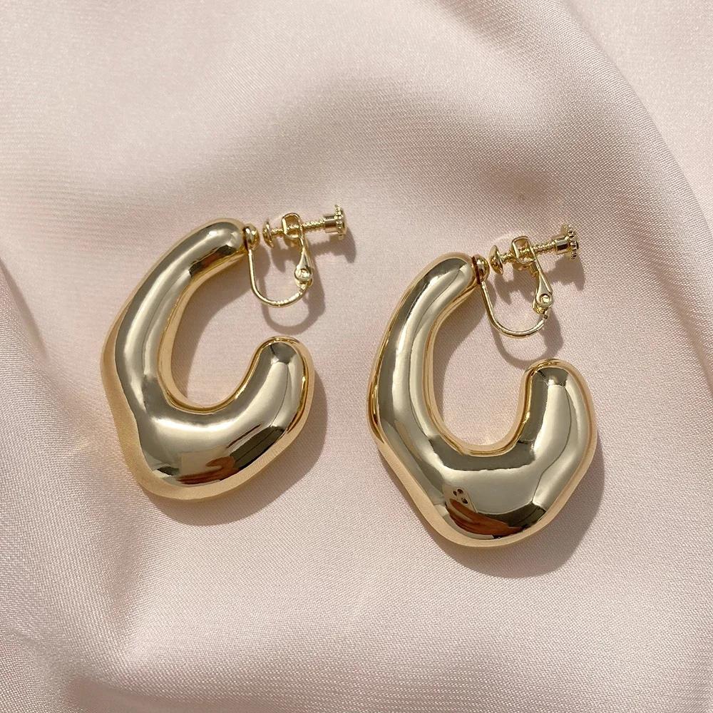 Vintage Oversize Chunky Round Circle Clip Earring for Women C Shape Tube Thick Without Pierced Hoop Earclips Jewelry Trendy