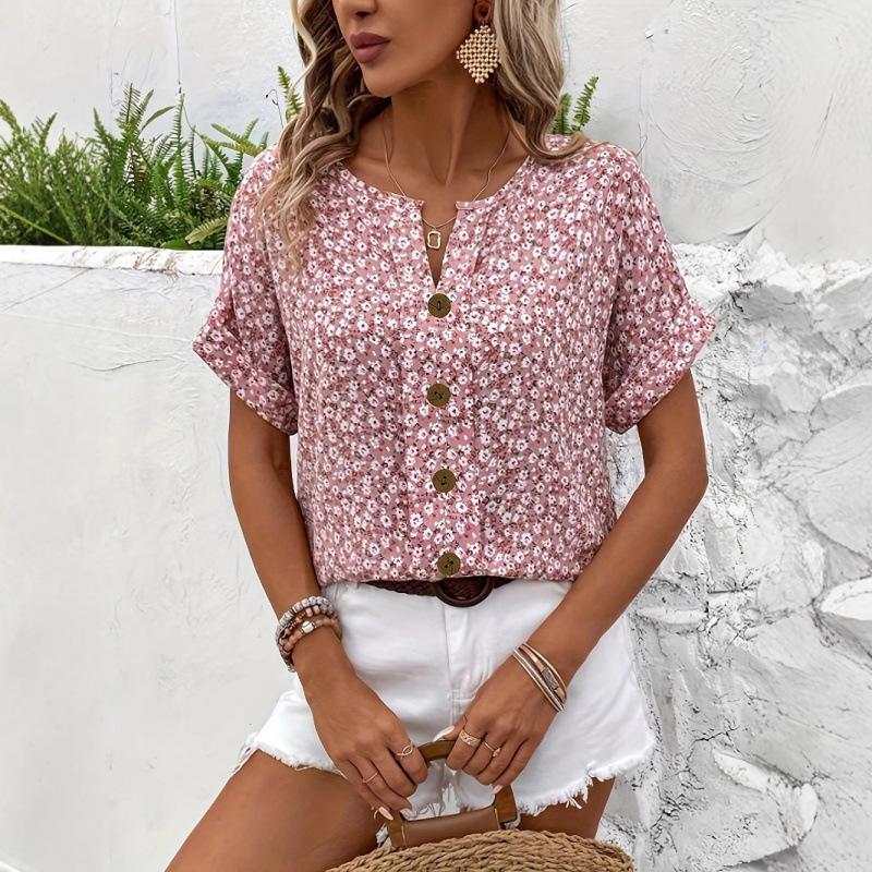 

Women s Floral V-Neck Short Sleeve Blouse with Button Details 5XL Темно-синій