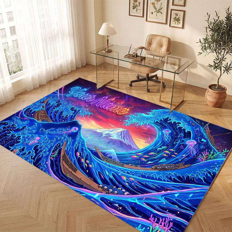 Octopus Sea Life Theme Crystal Velvet Floor Rug Personalized Custom Name Text Warm Carpet Home Decoration