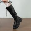 Winter Retro Platform Thick Sole Woman Knee High Top Fashion Belt Buckle Front Zipper Ladies Slim Knight Long Botas