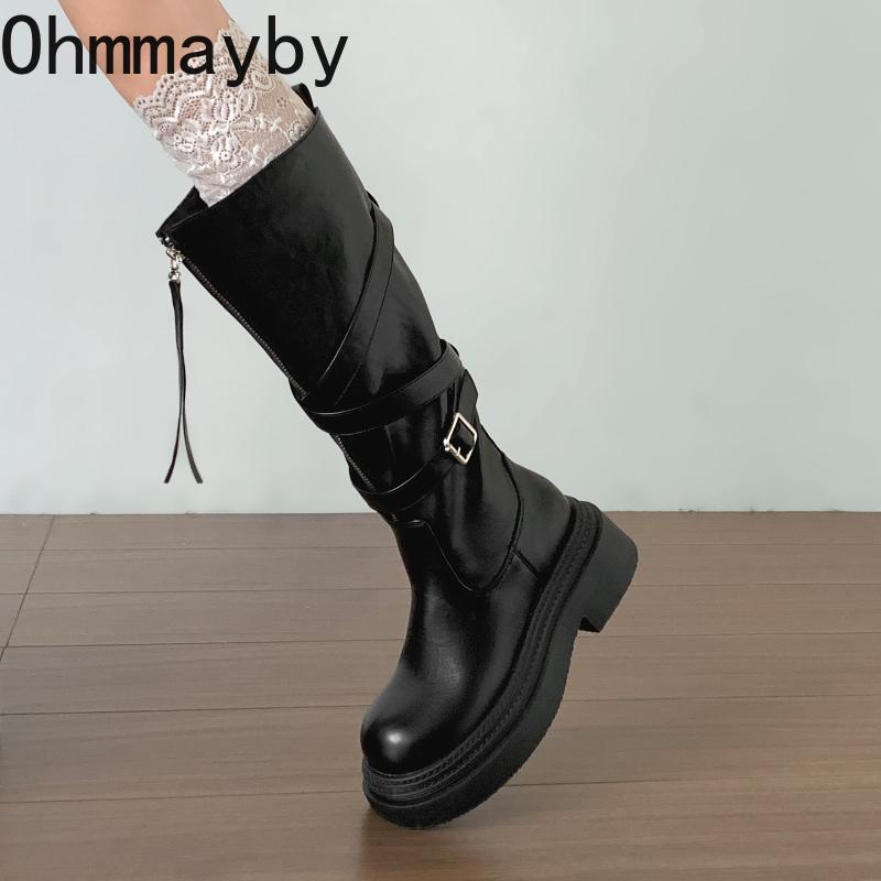 Winter Retro Platform Thick Sole Woman Knee High Top Fashion Belt Buckle Front Zipper Ladies Slim Knight Long Botas