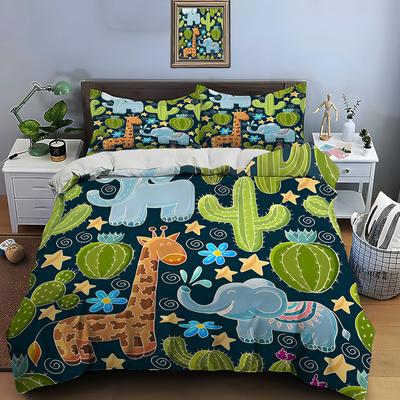 Cartoon Giraffe Elephant Cactus Stars Print Duvet Cover Set Digital Print Polyester Bedding with Zipper Closur for Kids Gifts