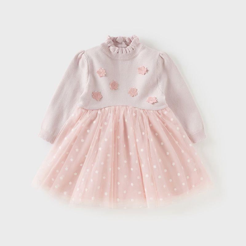 David Bella Kidsren s Sweater Dress 2026 Spring Girls  Baby Floral Half-High Collar Fleece-Lined Mesh Skirt Mist Pink [Ready in Stock] 100