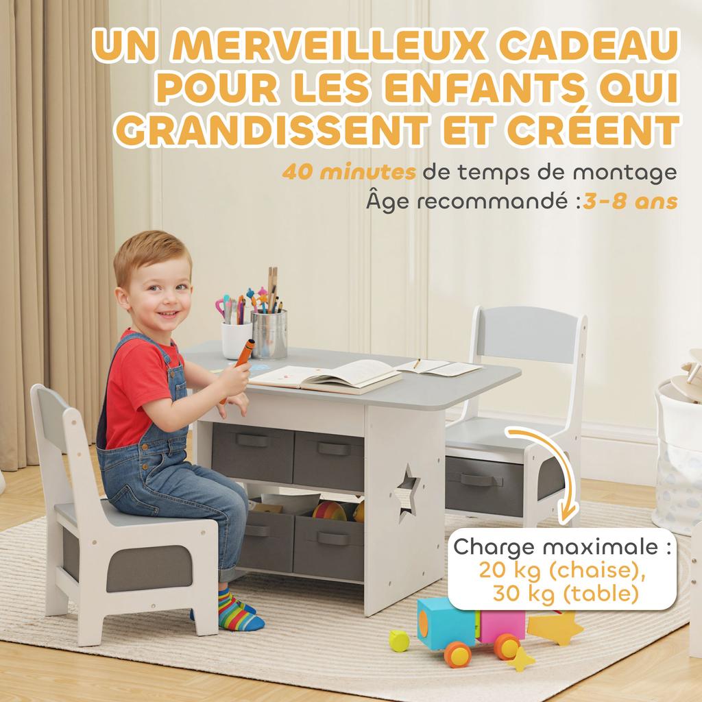 Kids Table and Chair Set, Toddler Table and 2 Chairs Set with 6 Removable Drawers, for Boys Girls Ages 3-8, Light Grey