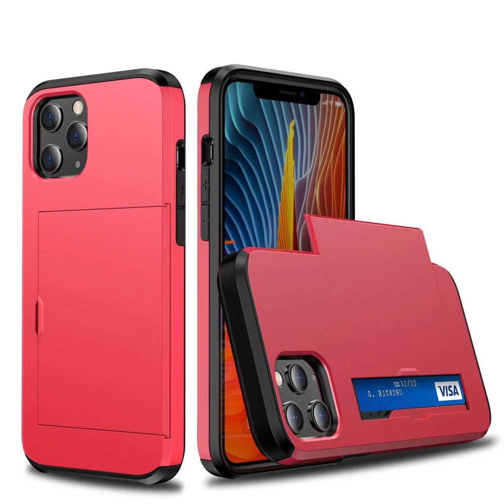 Armor Slide Card Case For iPhone 15 14 13 Pro Max 12 Mini 11 12 Pro Max XS Max XR X Card Slot Holder Cover Wallet Slide Cover