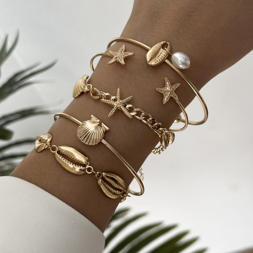 Multilayer Starfish Imitation Pearl Chain Bracelets Set for Women Dainty Shell Open Bangle Vacation Stackable Jewelry Gift