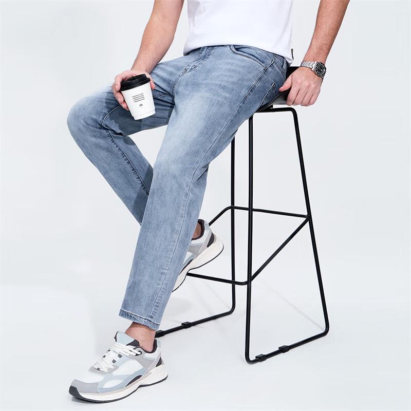 Męskie jeansy dżinsowe z przetarciami, spranie, wąskie, skrócone, proste nogawki