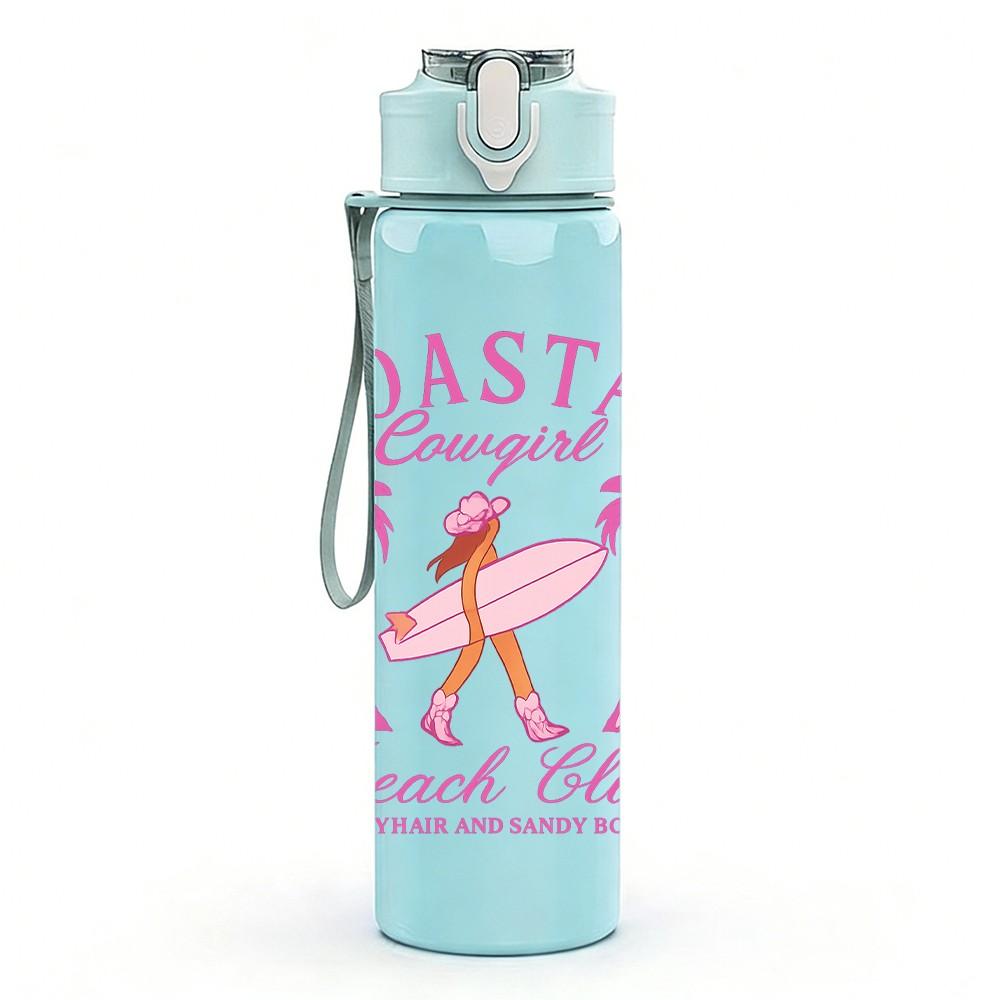 1PC Coastal Beach Club Surfer Print 750ml Color Plastic Sports Water Bottle Leakproof Flip Straw Lid Suitable for Sports Office Home Use