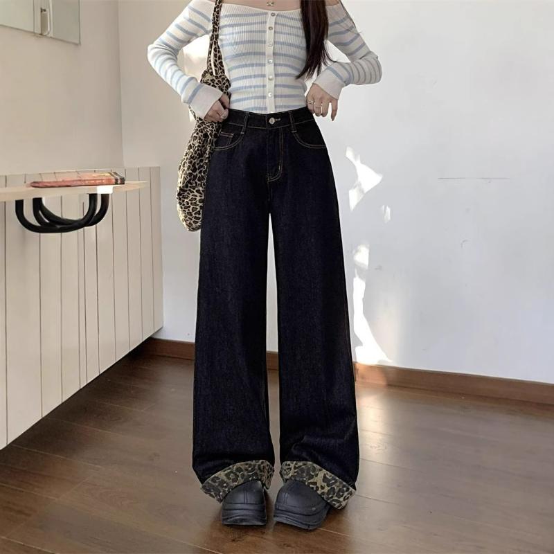 Cuffed Paneled Leopard Print Wide Leg Jeans Women Spring Autumn New Style Slimming Floor Length Loose Straight Leg Pants