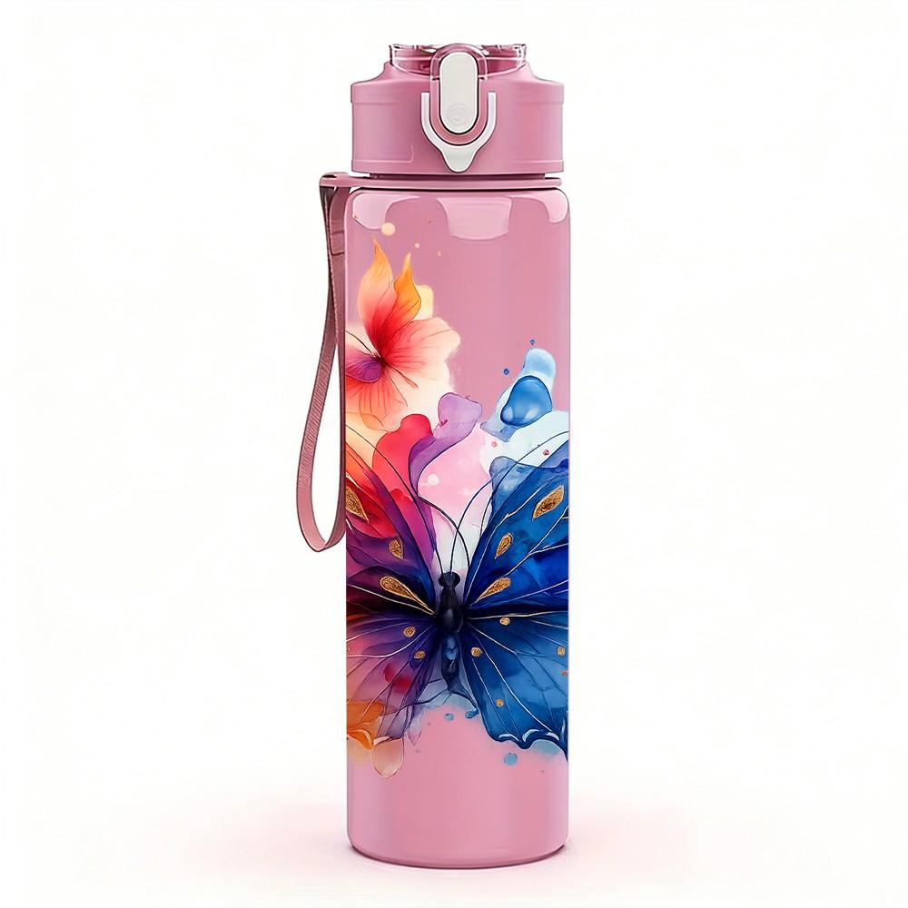 1PC Gradient Watercolor Butterfly Pattern 750ml Color Plastic Sports Water Bottle Leakproof Flip Straw Lid Suitable for Sports Office Home Use