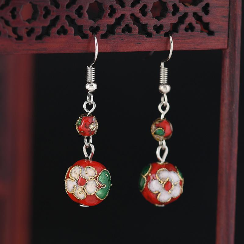 Chinese Cloisonne Retro Round Bead Earrings Handmade Silk Enamel Earrings Simple Antique Cheongsam Earrings Female 12mm