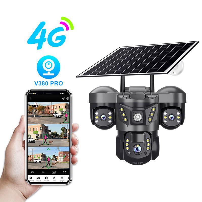 Cámara 4G V380 Alimentada por Energía Solar con Tres Lentes, 6MP, Audio Bidireccional y Monitorización Remota Móvil